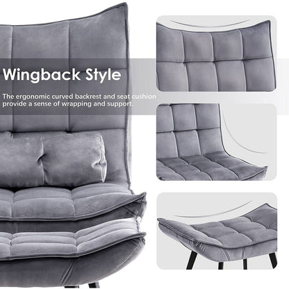 Fauteuil d'appoint Mcombo avec pouf, fauteuil à oreilles capitonné en velours, chaises rembourrées avec pieds en métal pour chambre à coucher et salon 4079