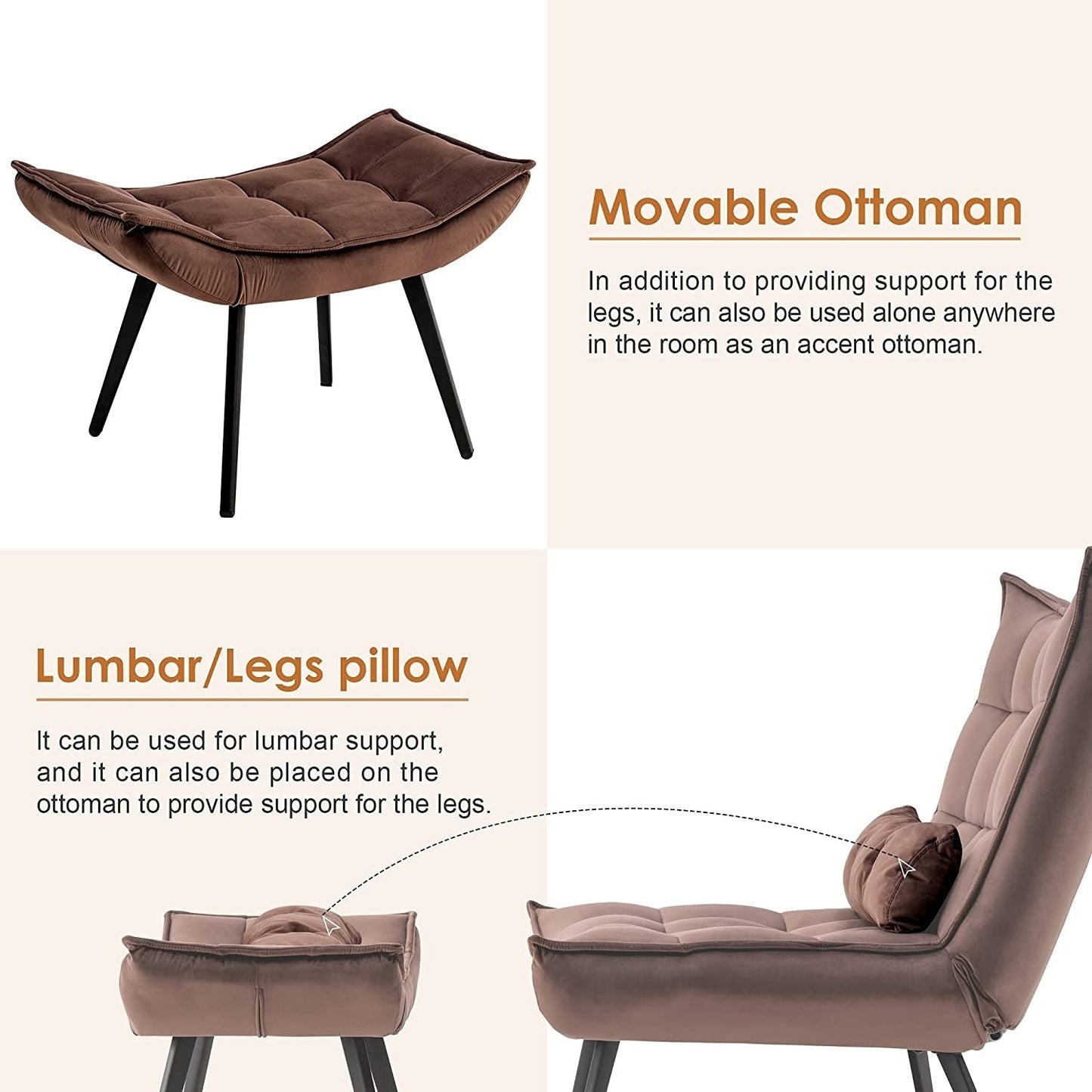 Fauteuil d'appoint Mcombo avec pouf, fauteuil à oreilles capitonné en velours, chaises rembourrées avec pieds en métal pour chambre à coucher et salon 4079