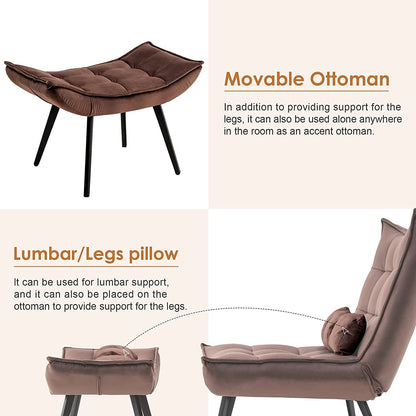 Fauteuil d'appoint Mcombo avec pouf, fauteuil à oreilles capitonné en velours, chaises rembourrées avec pieds en métal pour chambre à coucher et salon 4079