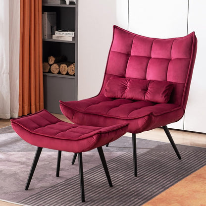 Fauteuil d'appoint Mcombo avec pouf, fauteuil à oreilles capitonné en velours, chaises rembourrées avec pieds en métal pour chambre à coucher et salon 4079