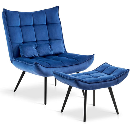 Fauteuil d'appoint Mcombo avec pouf, fauteuil à oreilles capitonné en velours, chaises rembourrées avec pieds en métal pour chambre à coucher et salon 4079