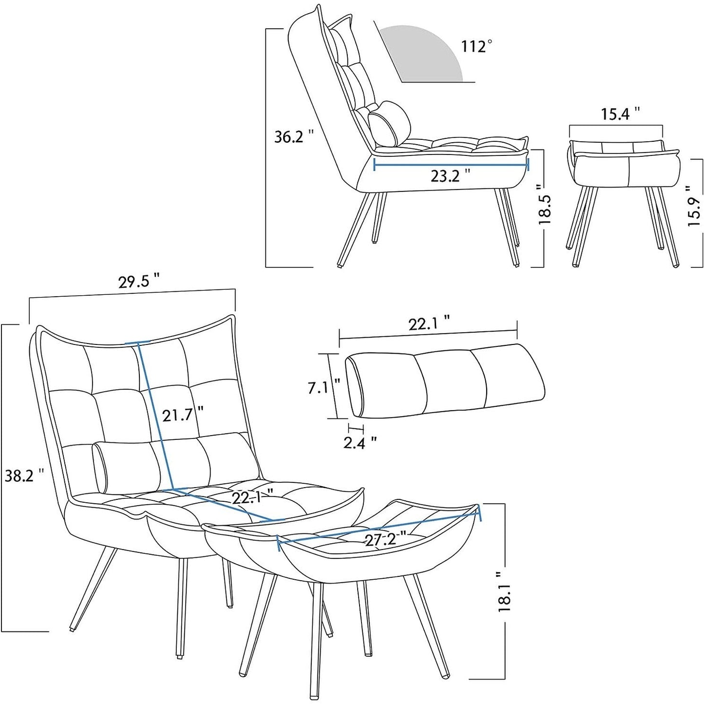 Fauteuil d'appoint Mcombo avec pouf, fauteuil à oreilles capitonné en velours, chaises rembourrées avec pieds en métal pour chambre à coucher et salon 4079