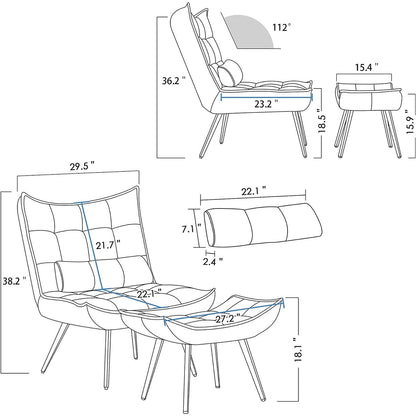 Fauteuil d'appoint Mcombo avec pouf, fauteuil à oreilles capitonné en velours, chaises rembourrées avec pieds en métal pour chambre à coucher et salon 4079
