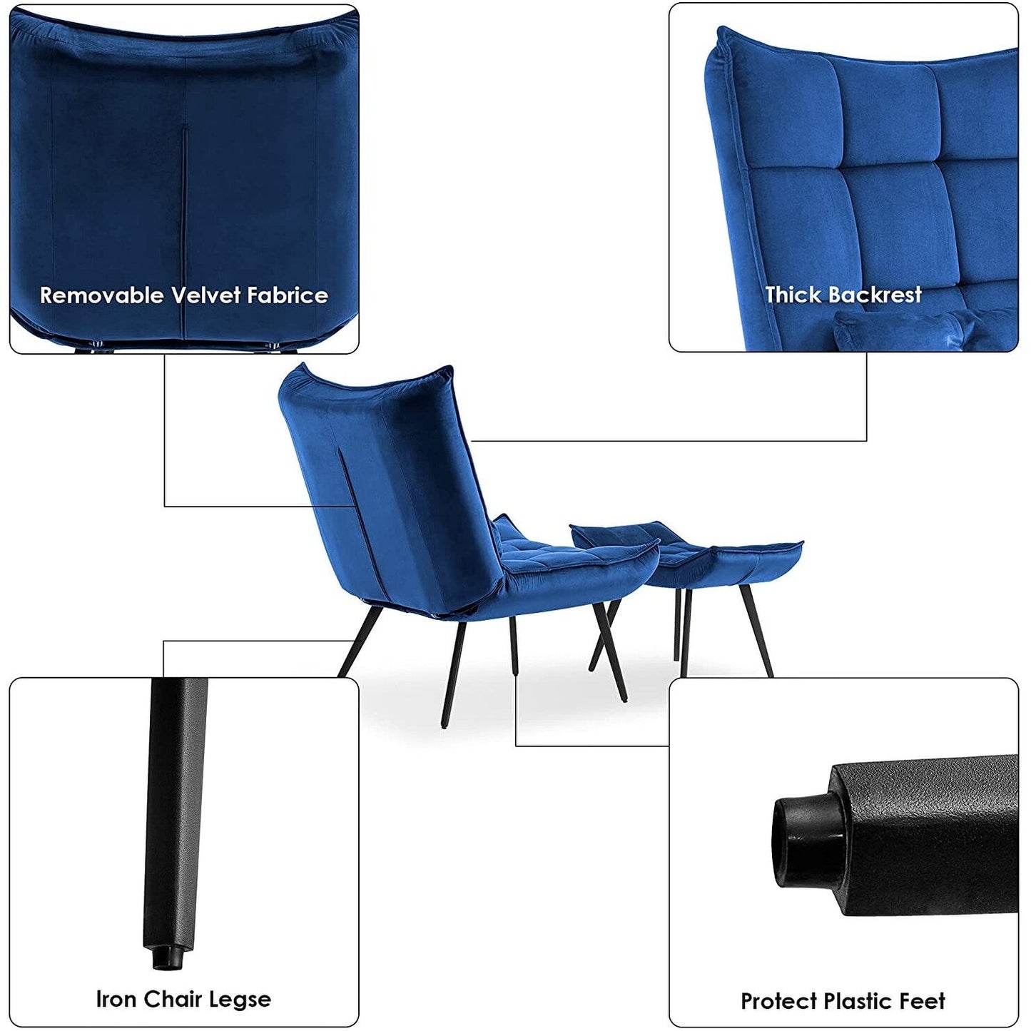 Fauteuil d'appoint Mcombo avec pouf, fauteuil à oreilles capitonné en velours, chaises rembourrées avec pieds en métal pour chambre à coucher et salon 4079