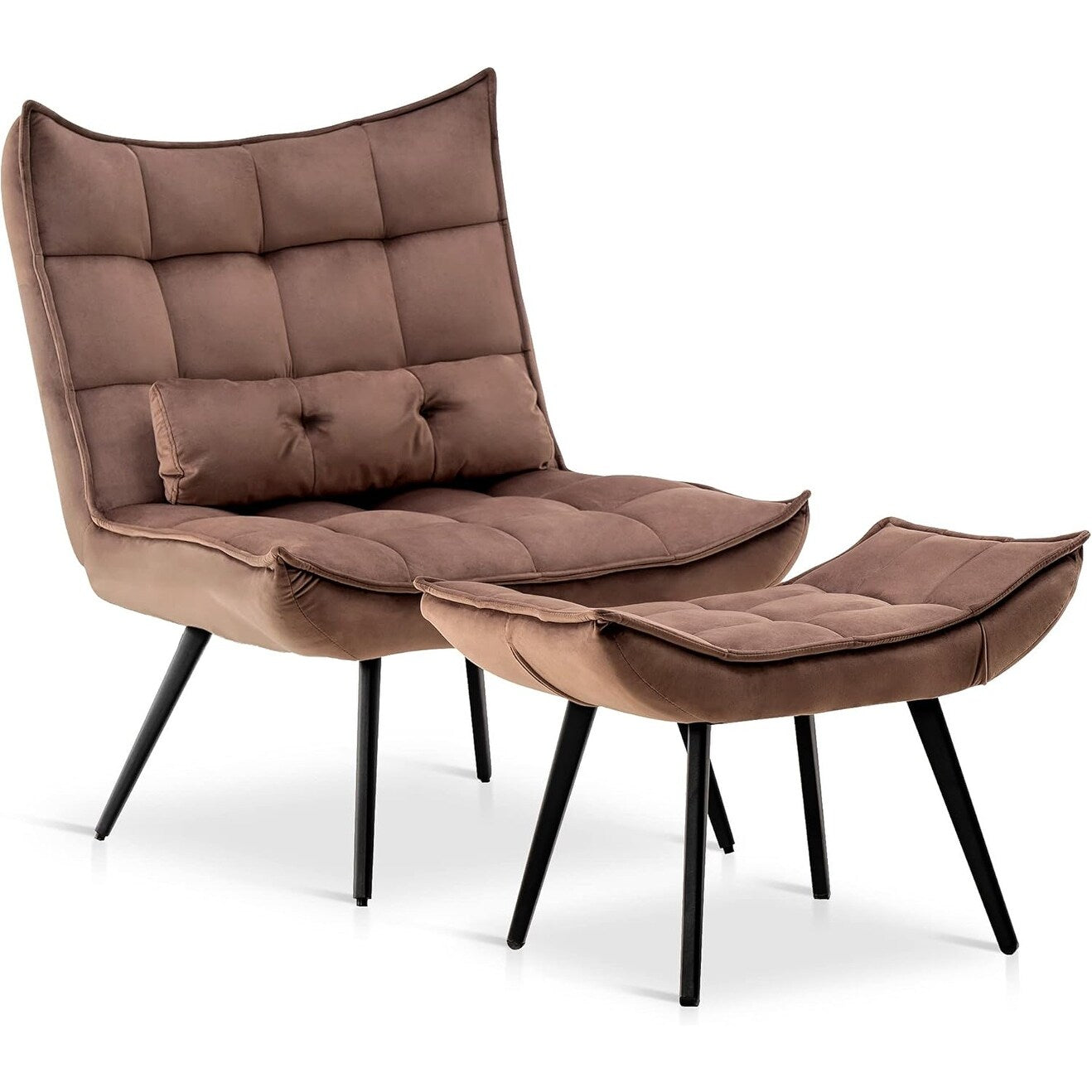 Fauteuil d'appoint Mcombo avec pouf, fauteuil à oreilles capitonné en velours, chaises rembourrées avec pieds en métal pour chambre à coucher et salon 4079