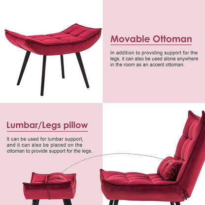 Fauteuil d'appoint Mcombo avec pouf, fauteuil à oreilles capitonné en velours, chaises rembourrées avec pieds en métal pour chambre à coucher et salon 4079