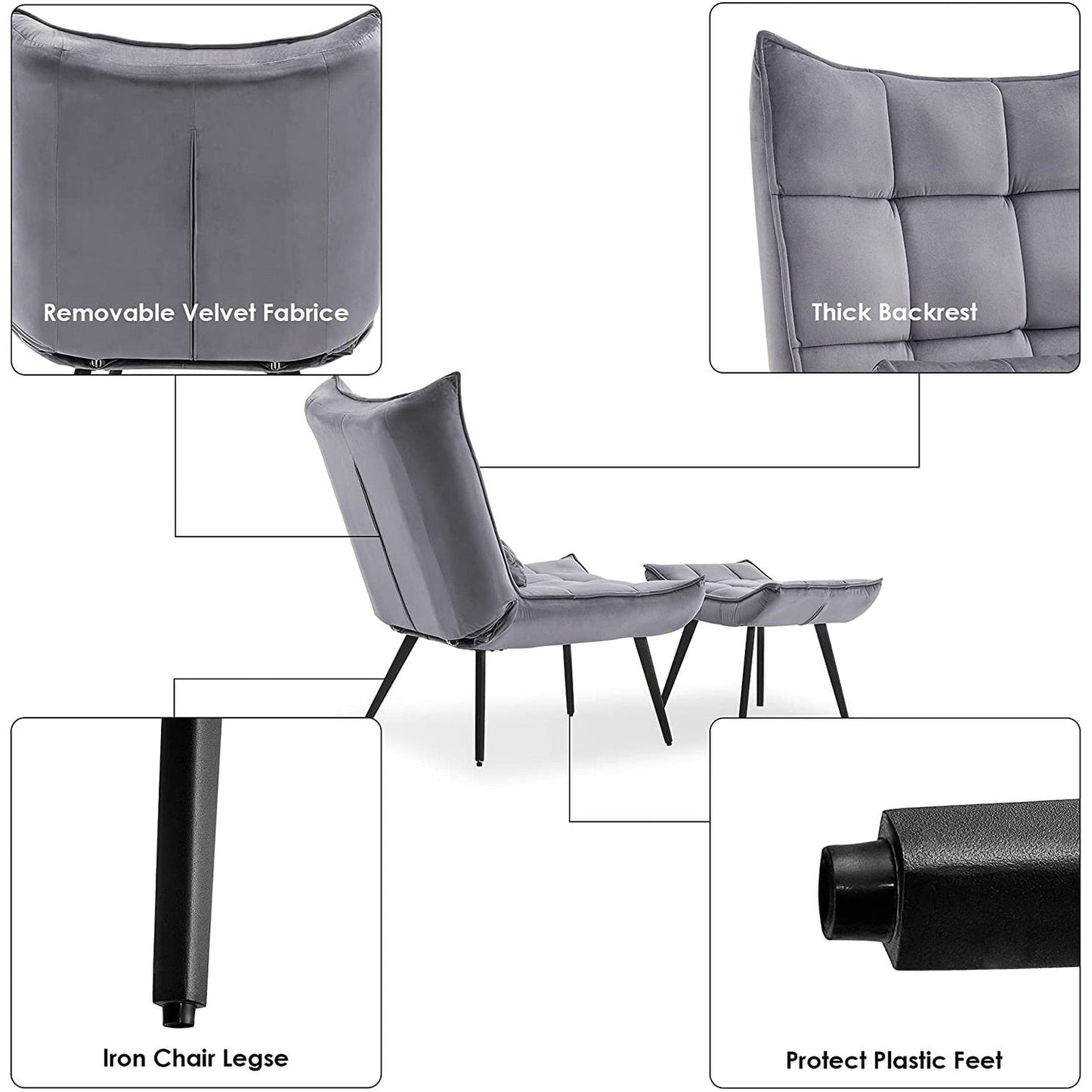 Fauteuil d'appoint Mcombo avec pouf, fauteuil à oreilles capitonné en velours, chaises rembourrées avec pieds en métal pour chambre à coucher et salon 4079