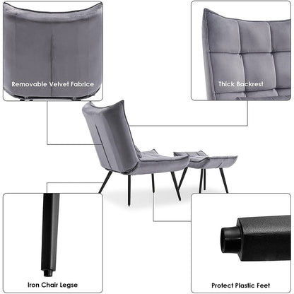 Fauteuil d'appoint Mcombo avec pouf, fauteuil à oreilles capitonné en velours, chaises rembourrées avec pieds en métal pour chambre à coucher et salon 4079