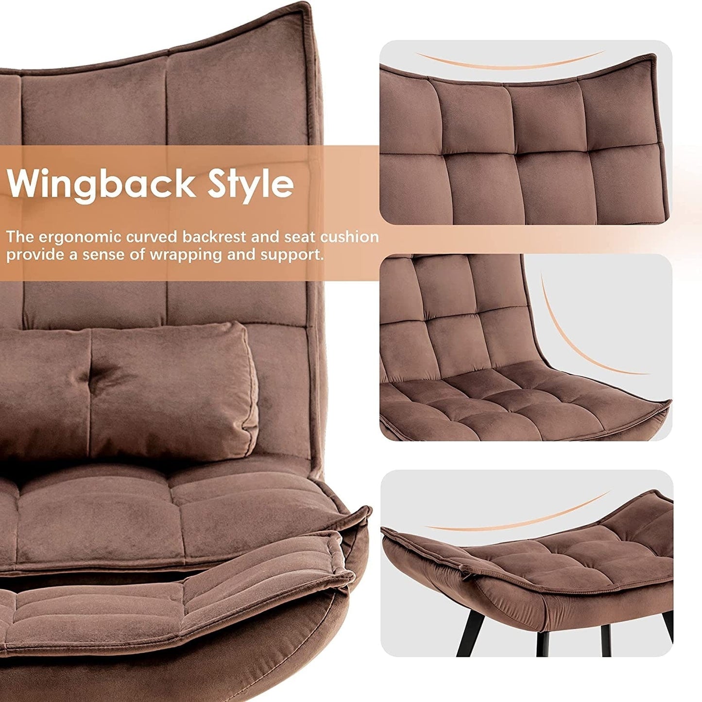 Fauteuil d'appoint Mcombo avec pouf, fauteuil à oreilles capitonné en velours, chaises rembourrées avec pieds en métal pour chambre à coucher et salon 4079