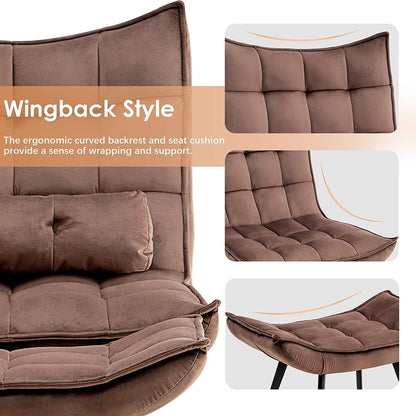 Fauteuil d'appoint Mcombo avec pouf, fauteuil à oreilles capitonné en velours, chaises rembourrées avec pieds en métal pour chambre à coucher et salon 4079