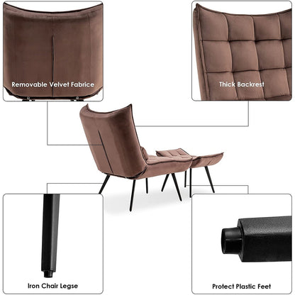 Fauteuil d'appoint Mcombo avec pouf, fauteuil à oreilles capitonné en velours, chaises rembourrées avec pieds en métal pour chambre à coucher et salon 4079