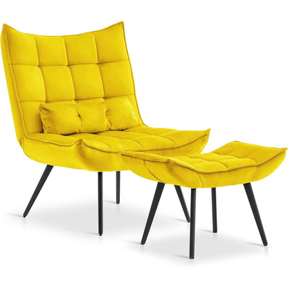 Fauteuil d'appoint Mcombo avec pouf, fauteuil à oreilles capitonné en velours, chaises rembourrées avec pieds en métal pour chambre à coucher et salon 4079