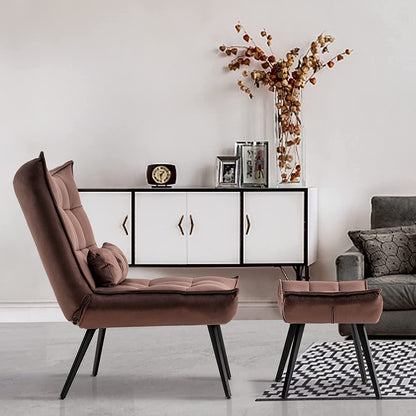 Fauteuil d'appoint Mcombo avec pouf, fauteuil à oreilles capitonné en velours, chaises rembourrées avec pieds en métal pour chambre à coucher et salon 4079