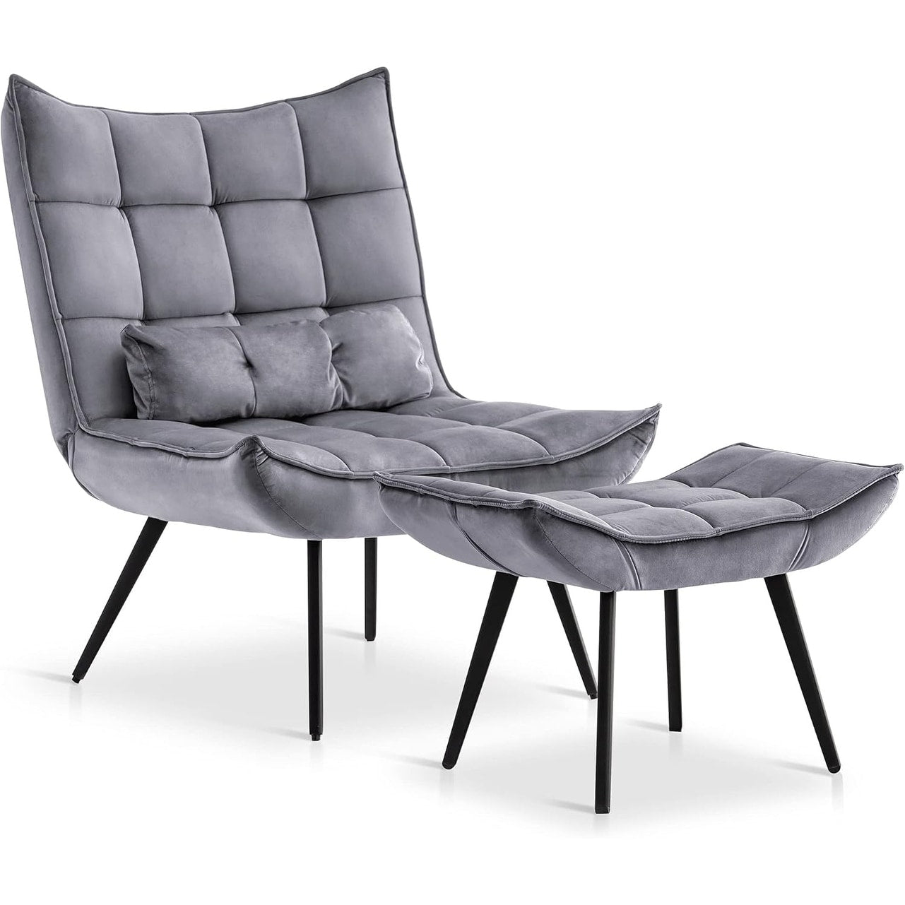 Fauteuil d'appoint Mcombo avec pouf, fauteuil à oreilles capitonné en velours, chaises rembourrées avec pieds en métal pour chambre à coucher et salon 4079