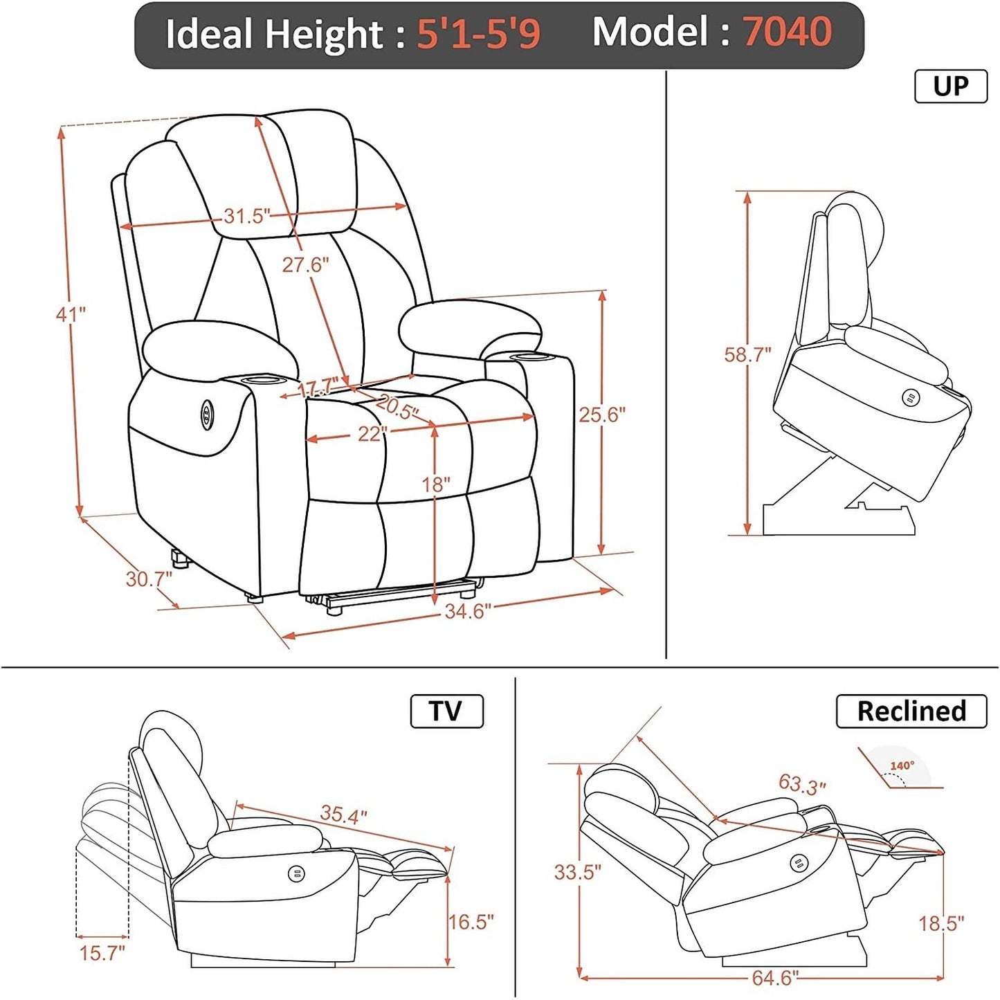 Fauteuil inclinable électrique MCombo avec massage et chauffage, 3 positions, ports USB, tissu 7040