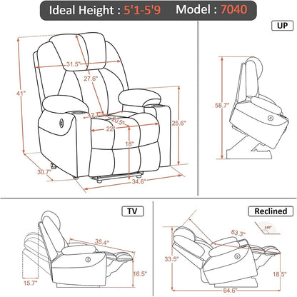 Fauteuil inclinable électrique MCombo avec massage et chauffage, 3 positions, ports USB, tissu 7040