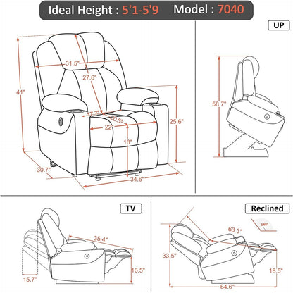 Fauteuil inclinable électrique MCombo avec massage et chauffage, 3 positions, ports USB, tissu 7040
