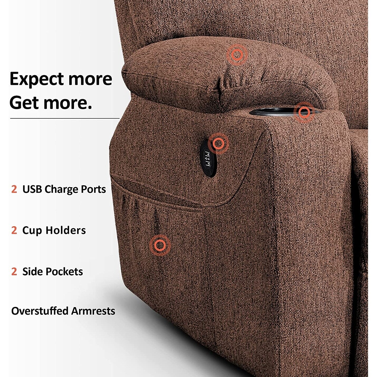 Fauteuil inclinable électrique MCombo avec massage et chauffage, 3 positions, ports USB, tissu 7040