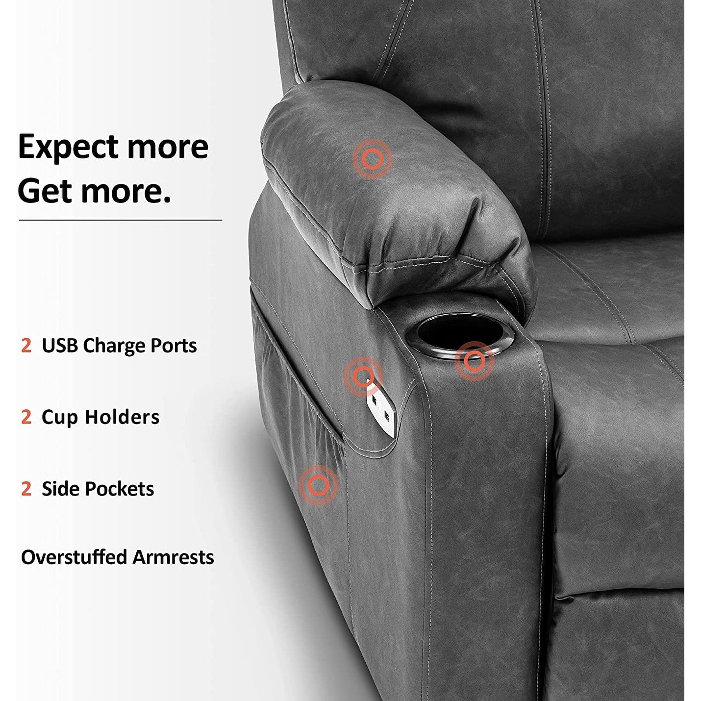 Fauteuil inclinable électrique MCombo avec massage et chauffage, 3 positions, ports USB, similicuir 7040