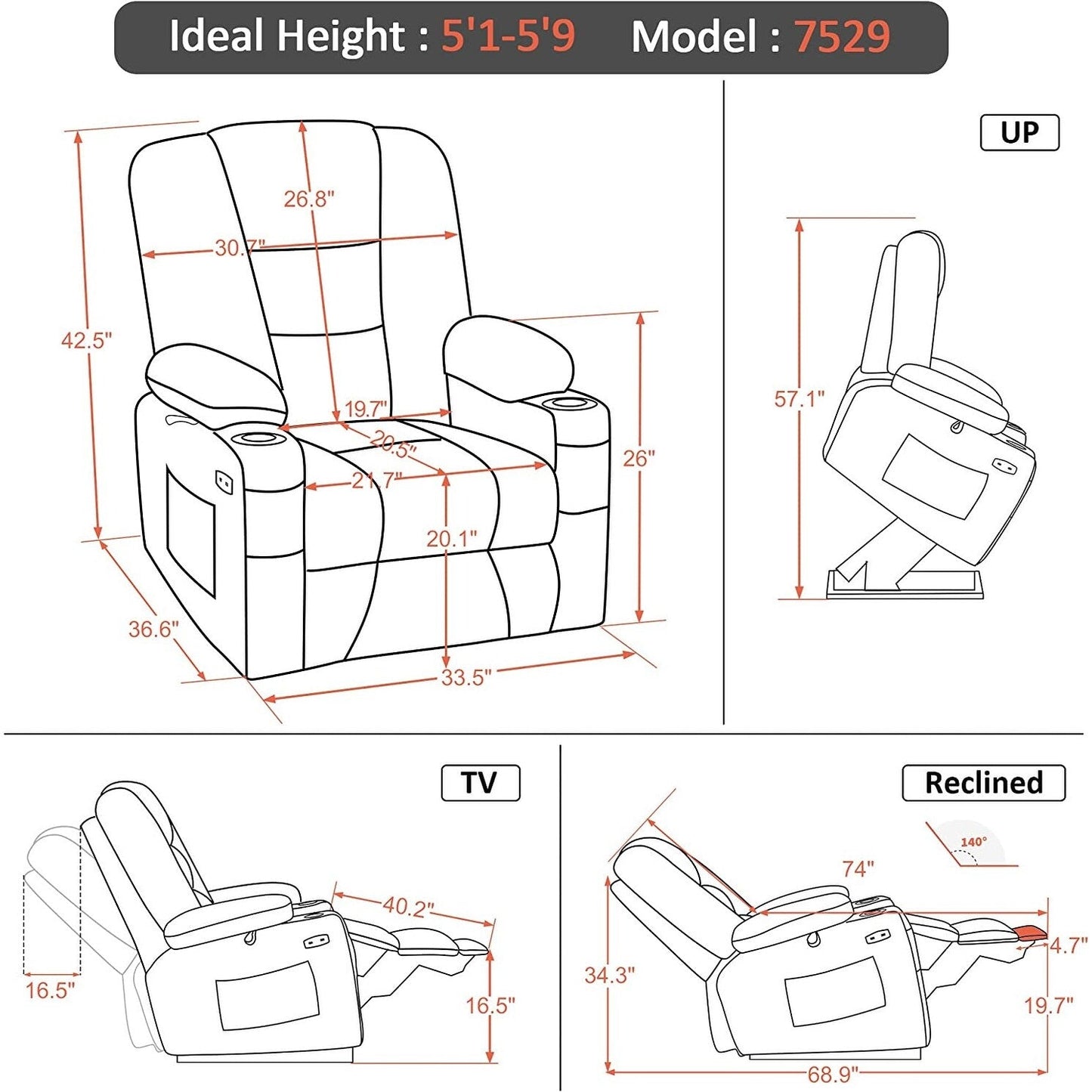 Fauteuil inclinable électrique MCombo avec massage et chauffage pour personnes âgées, repose-pieds allongé, ports USB, tissu (moyen)