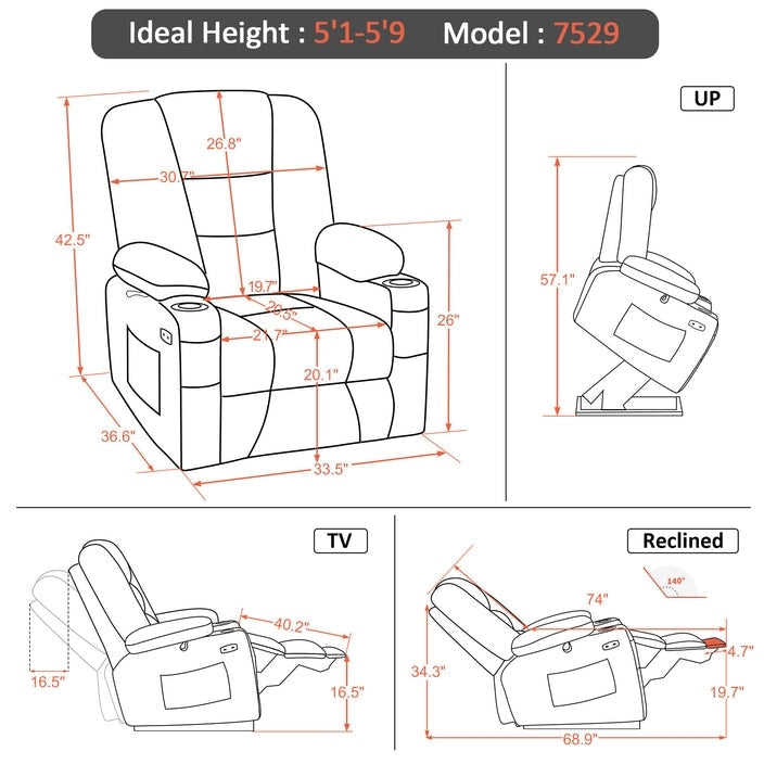 Fauteuil inclinable électrique MCombo avec massage et chauffage pour personnes âgées, repose-pieds allongé, ports USB, tissu (moyen)