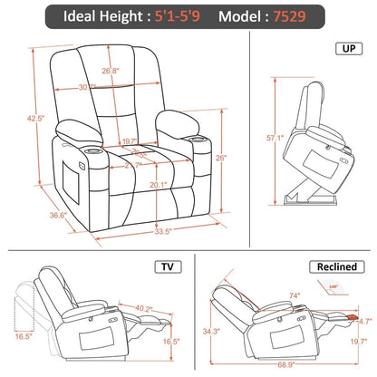 Fauteuil inclinable électrique MCombo avec massage et chauffage pour personnes âgées, repose-pieds allongé, ports USB, tissu (moyen)