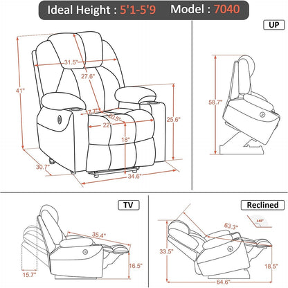 Fauteuil inclinable électrique MCombo avec massage et chauffage, 3 positions, ports USB, tissu 7040