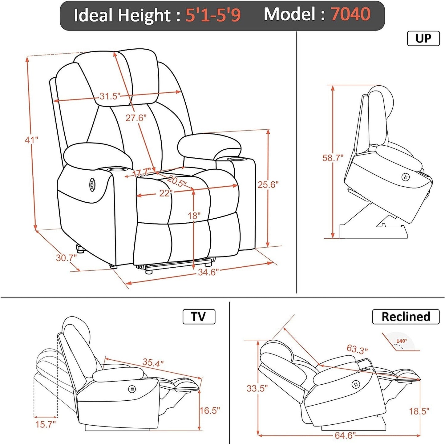 Fauteuil inclinable électrique MCombo avec massage et chauffage, 3 positions, ports USB, tissu 7040
