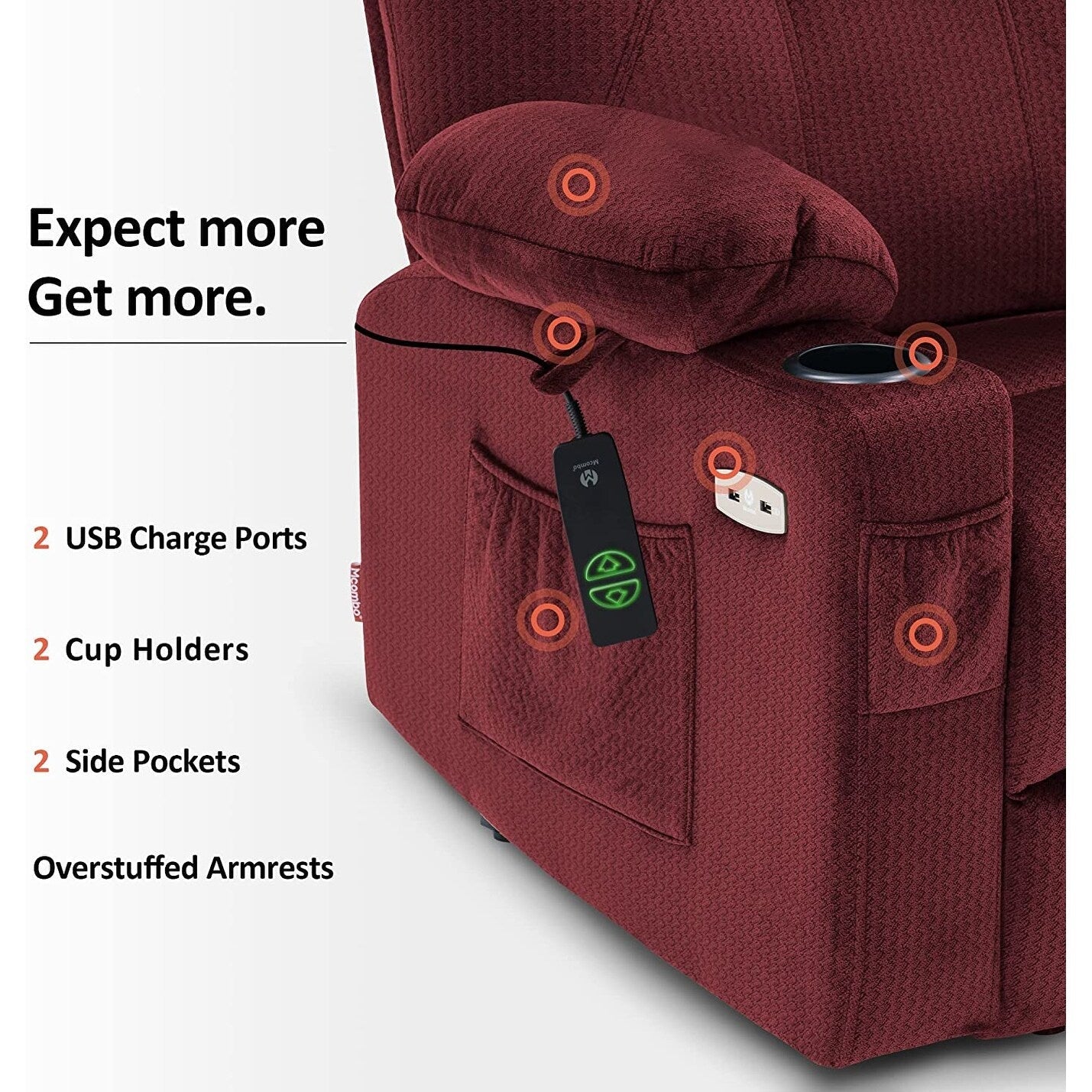 Fauteuil inclinable électrique MCombo avec massage et chauffage, 3 positions, ports USB, tissu 7040