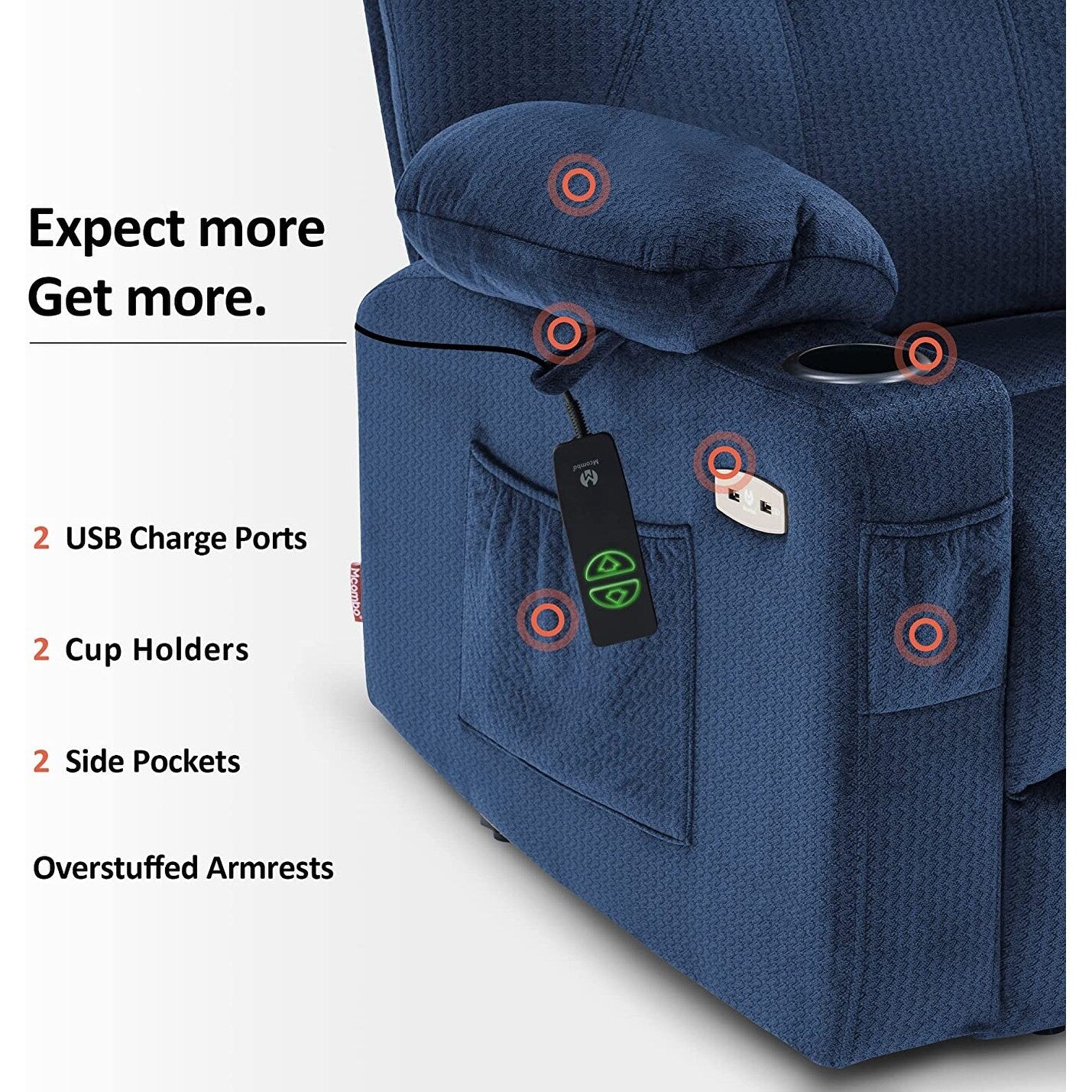 Fauteuil inclinable électrique MCombo avec massage et chauffage, 3 positions, ports USB, tissu 7040