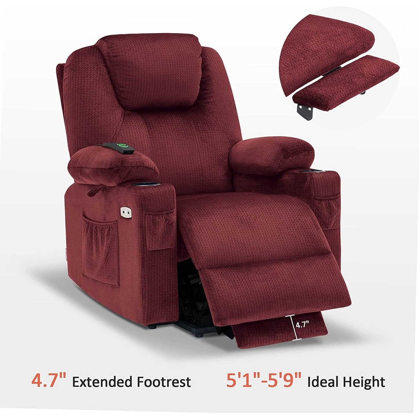 Fauteuil inclinable électrique MCombo avec massage et chauffage, 3 positions, ports USB, tissu 7040