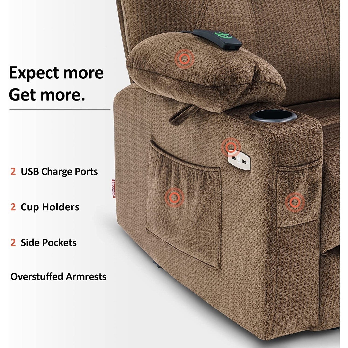 Fauteuil inclinable électrique MCombo avec massage et chauffage, 3 positions, ports USB, tissu 7040