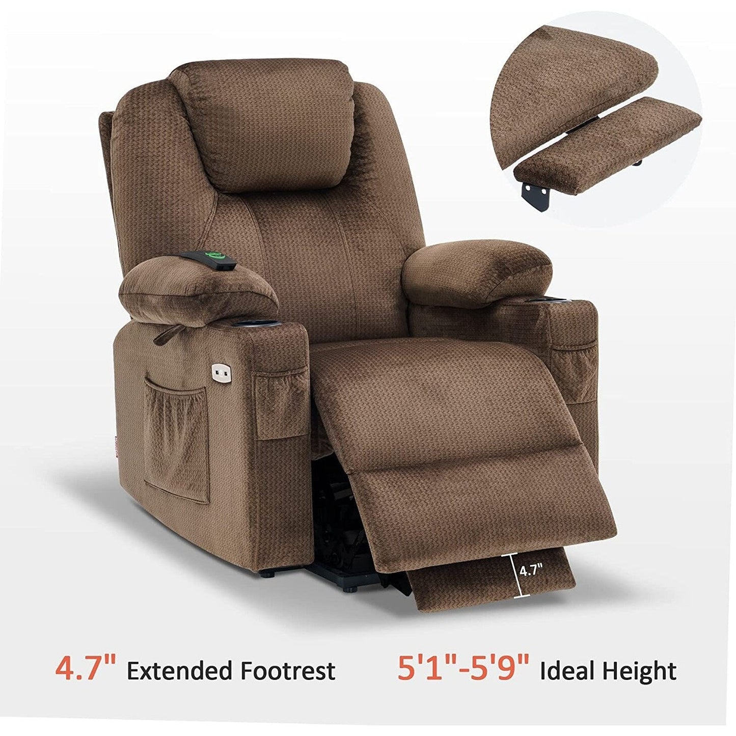 Fauteuil inclinable électrique MCombo avec massage et chauffage, 3 positions, ports USB, tissu 7040