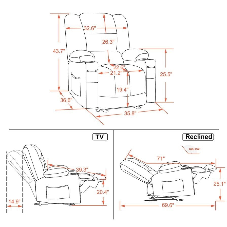 Fauteuil inclinable électrique MCombo avec chauffage et massage, tissu 6079/PR670