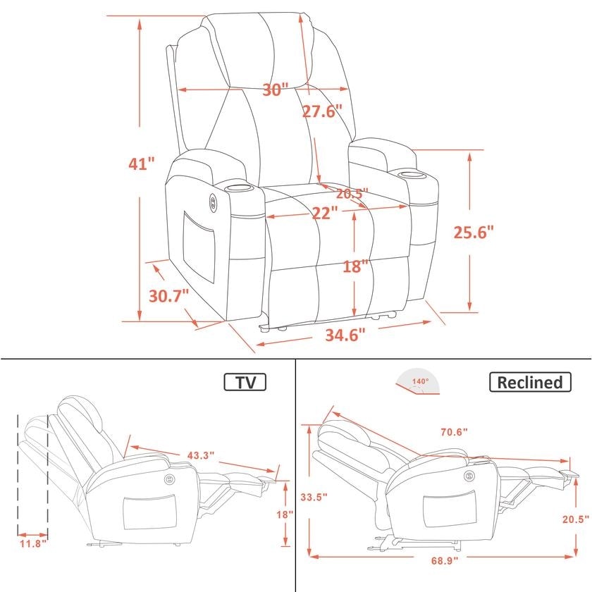 Fauteuil inclinable électrique Mcombo avec massage et chauffage, similicuir 7050