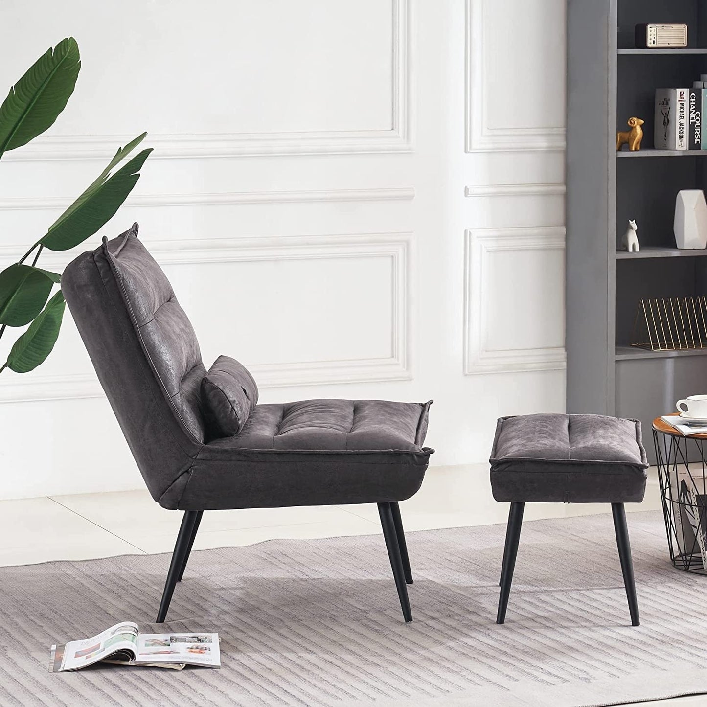 Chaise de loisirs moderne MCombo avec pouf, tissu bronzé