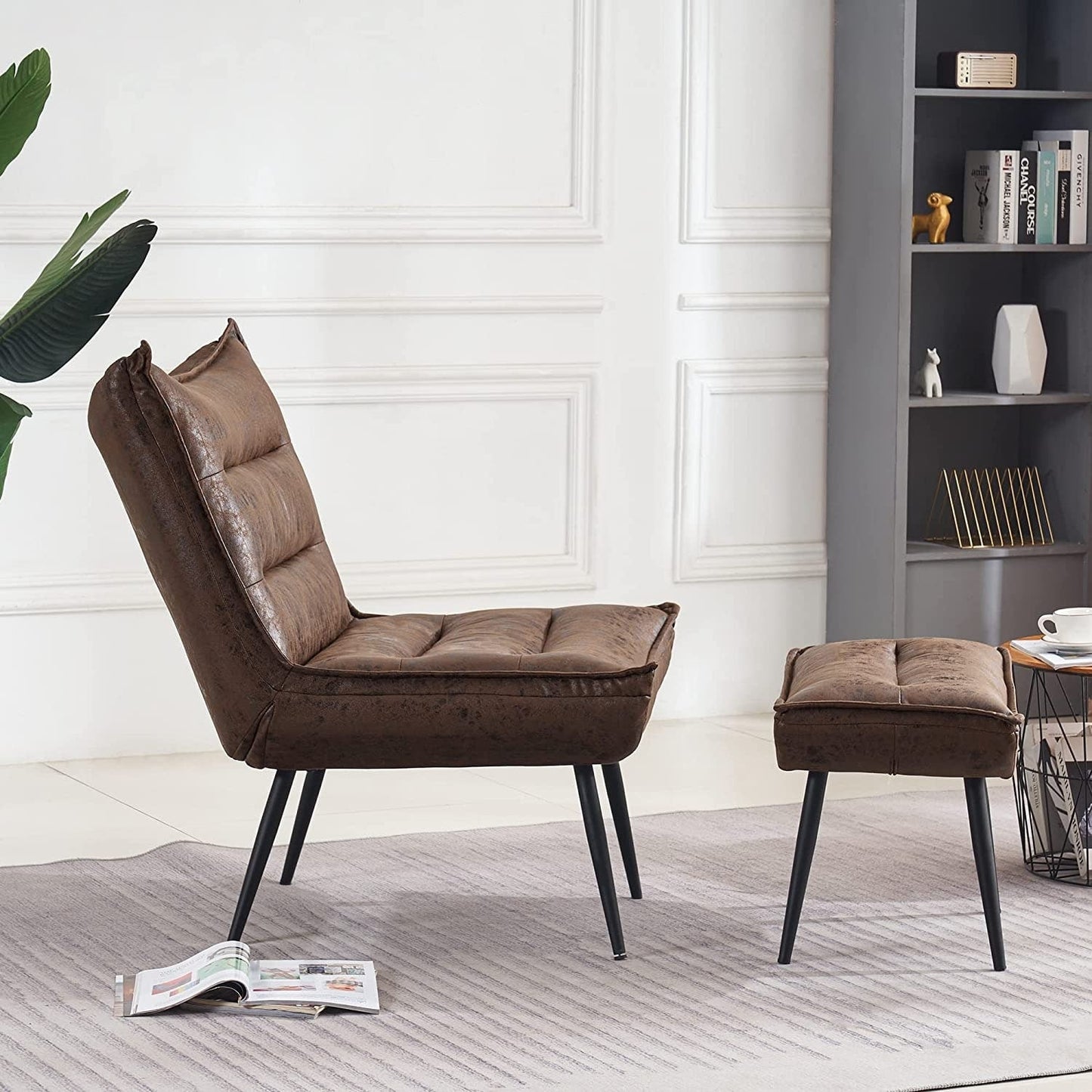Chaise de loisirs moderne MCombo avec pouf, tissu bronzé