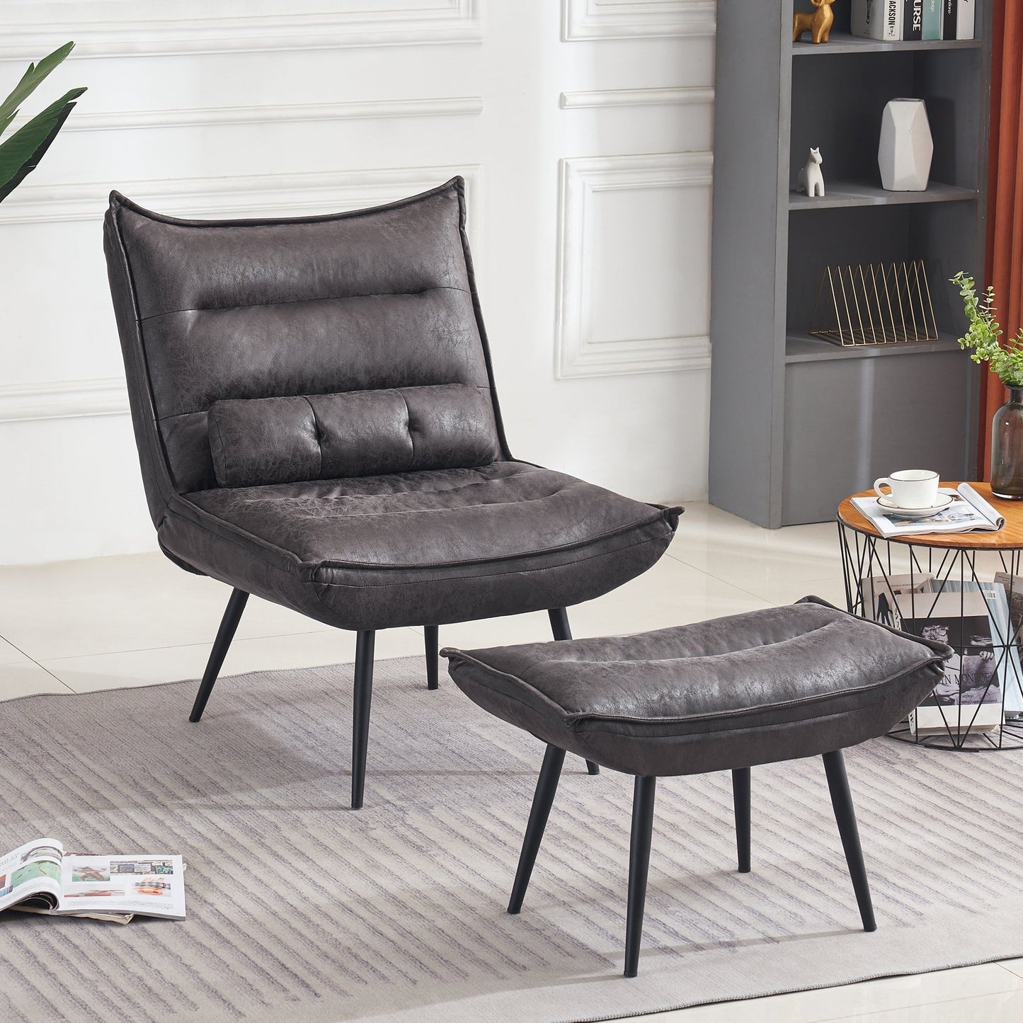 Chaise de loisirs moderne MCombo avec pouf, tissu bronzé