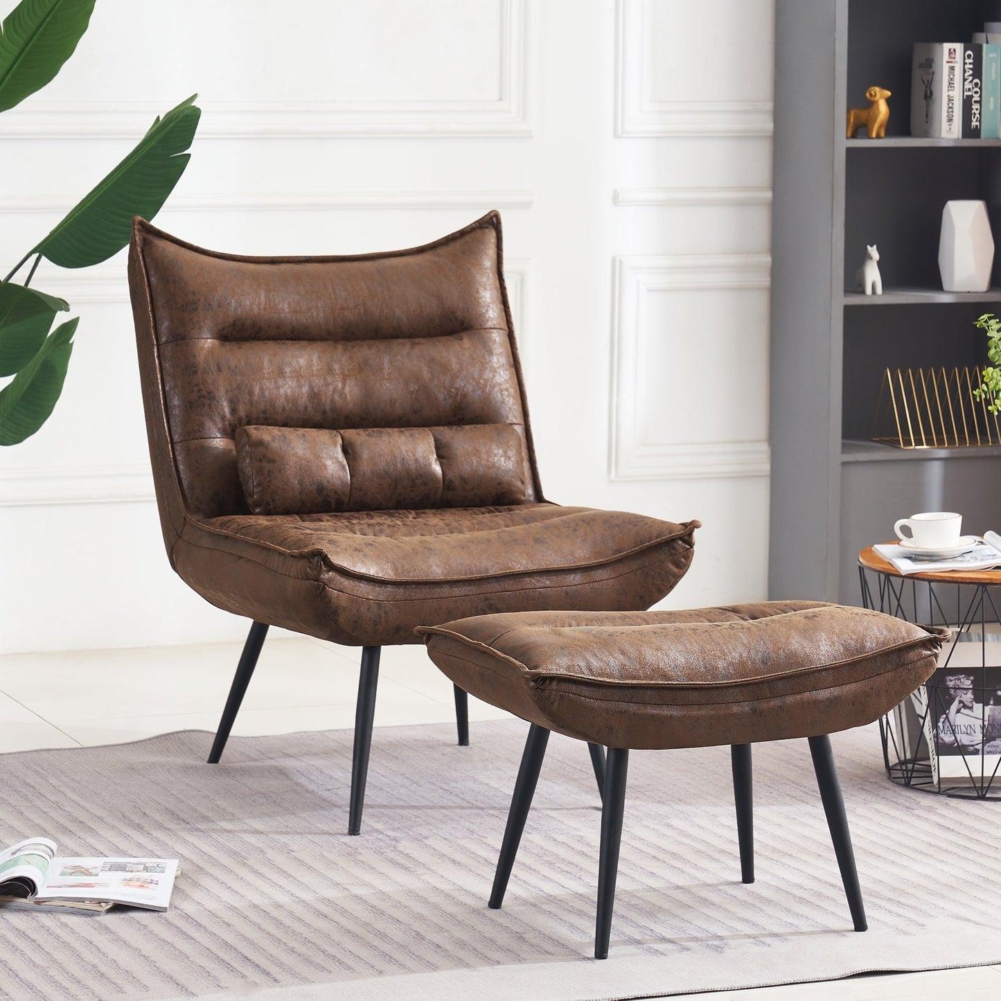 Chaise de loisirs moderne MCombo avec pouf, tissu bronzé