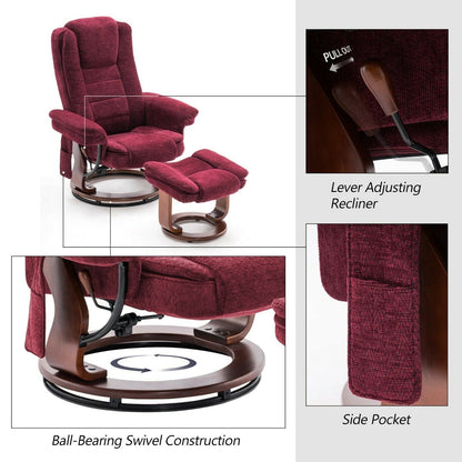 Fauteuil inclinable combiné avec pouf, fauteuil d'appoint en tissu avec massage par vibration, fauteuil pivotant avec base en bois, pour la pièce 9099