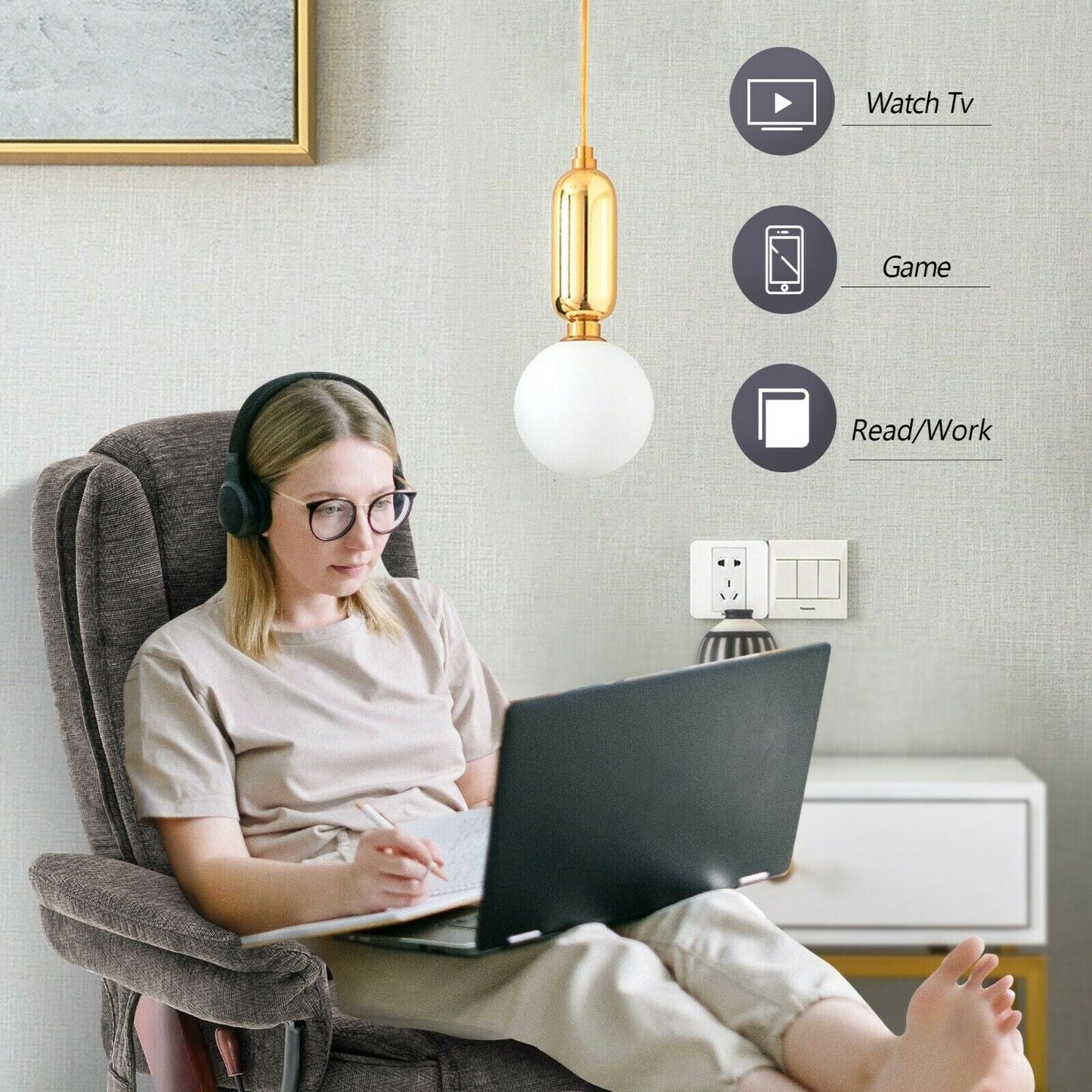 Fauteuil inclinable combiné avec pouf, fauteuil d'appoint en tissu avec massage par vibration, fauteuil pivotant avec base en bois, pour la pièce 9099