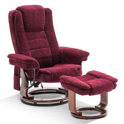 Fauteuil inclinable combiné avec pouf, fauteuil d'appoint en tissu avec massage par vibration, fauteuil pivotant avec base en bois, pour la pièce 9099