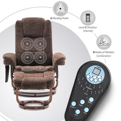 Fauteuil inclinable combiné avec pouf, fauteuil d'appoint en tissu avec massage par vibration, fauteuil pivotant avec base en bois, pour la pièce 9099