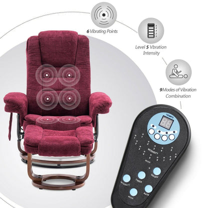 Fauteuil inclinable combiné avec pouf, fauteuil d'appoint en tissu avec massage par vibration, fauteuil pivotant avec base en bois, pour la pièce 9099
