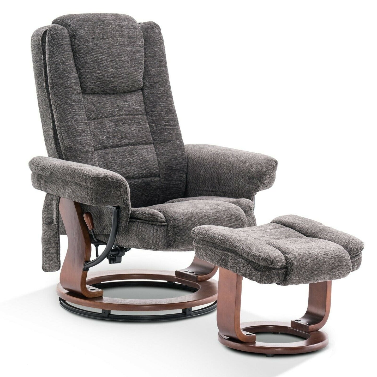 Fauteuil inclinable combiné avec pouf, fauteuil d'appoint en tissu avec massage par vibration, fauteuil pivotant avec base en bois, pour la pièce 9099