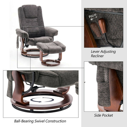 Fauteuil inclinable combiné avec pouf, fauteuil d'appoint en tissu avec massage par vibration, fauteuil pivotant avec base en bois, pour la pièce 9099