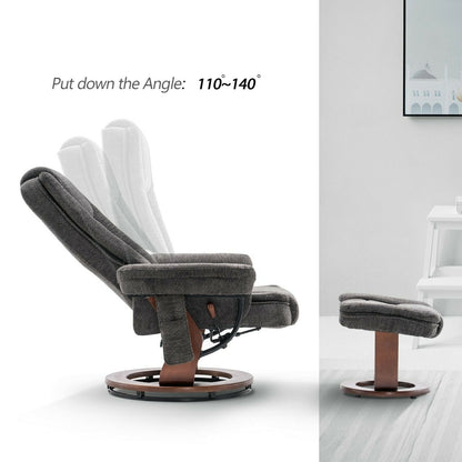 Fauteuil inclinable combiné avec pouf, fauteuil d'appoint en tissu avec massage par vibration, fauteuil pivotant avec base en bois, pour la pièce 9099