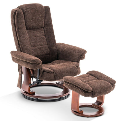 Fauteuil inclinable combiné avec pouf, fauteuil d'appoint en tissu avec massage par vibration, fauteuil pivotant avec base en bois, pour la pièce 9099