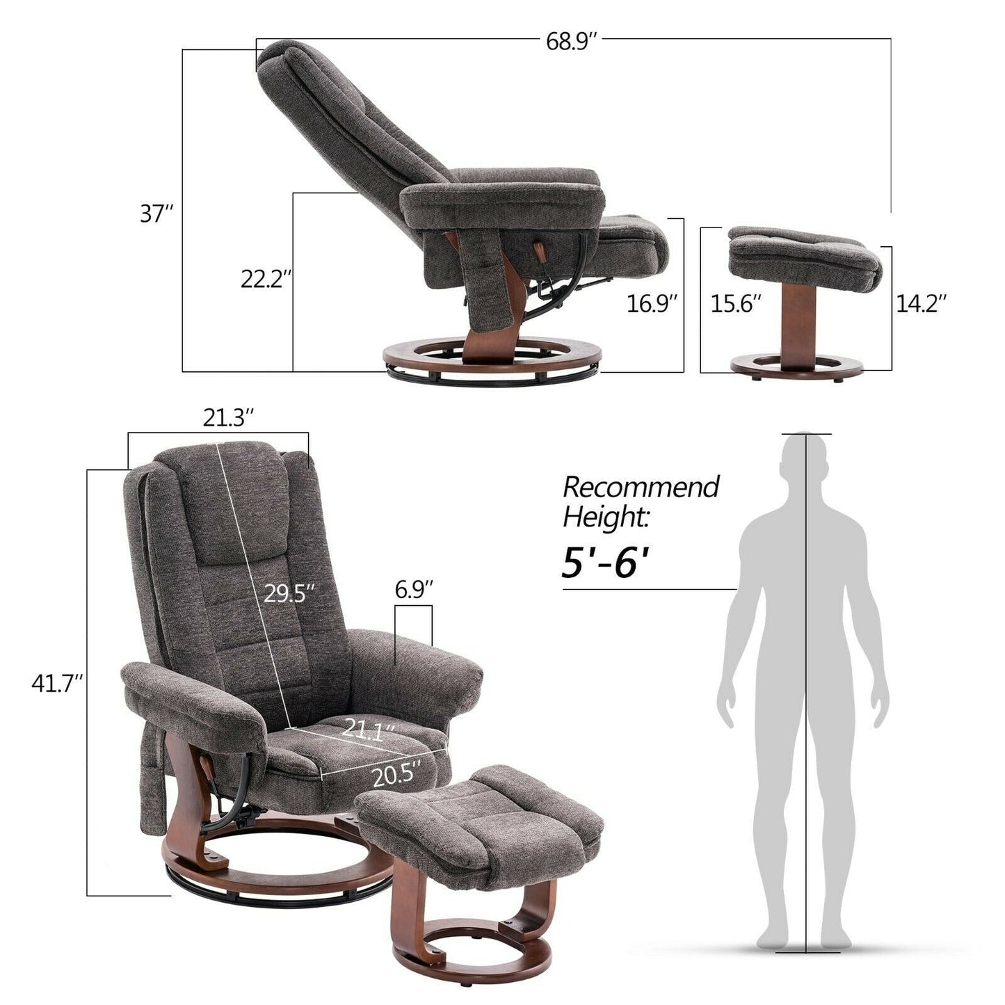Fauteuil inclinable combiné avec pouf, fauteuil d'appoint en tissu avec massage par vibration, fauteuil pivotant avec base en bois, pour la pièce 9099