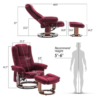 Fauteuil inclinable combiné avec pouf, fauteuil d'appoint en tissu avec massage par vibration, fauteuil pivotant avec base en bois, pour la pièce 9099